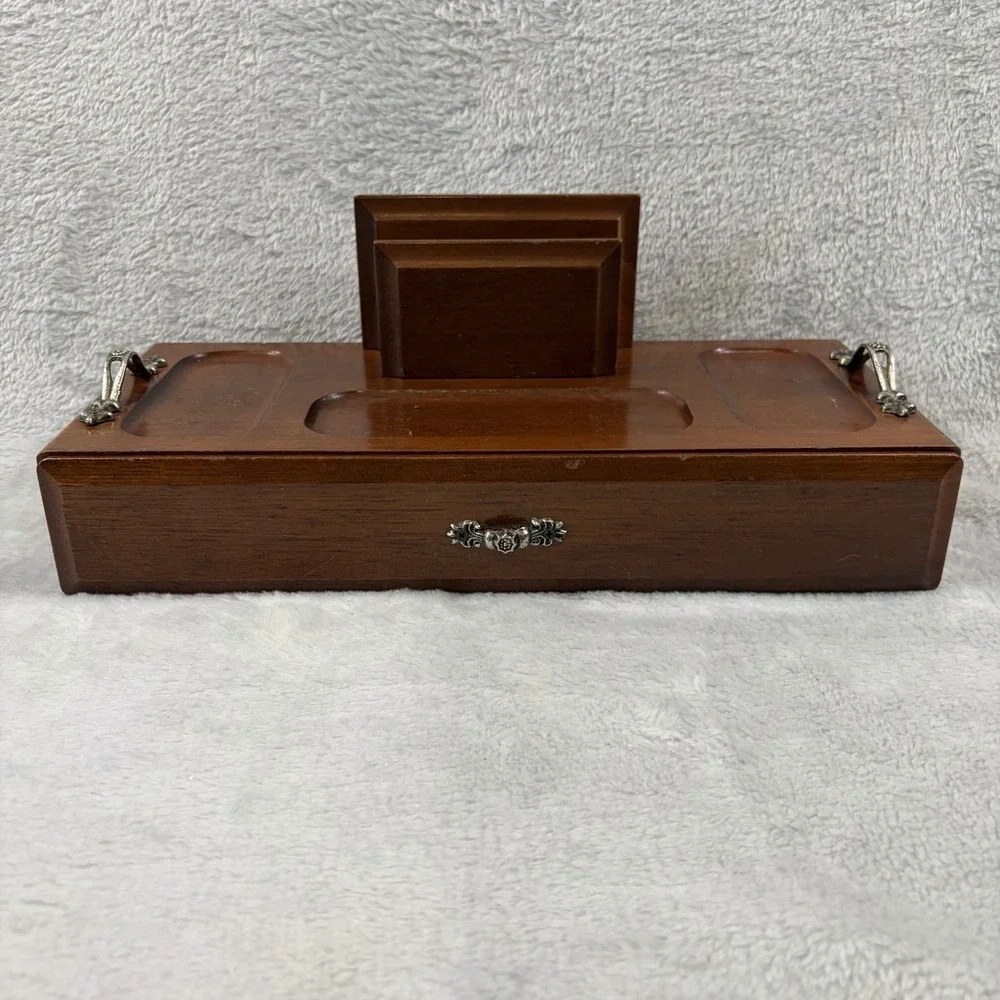 Vintage Wood Dresser Valet Jewelry Box Drawer Coin Tray Card Holder Caddy 12